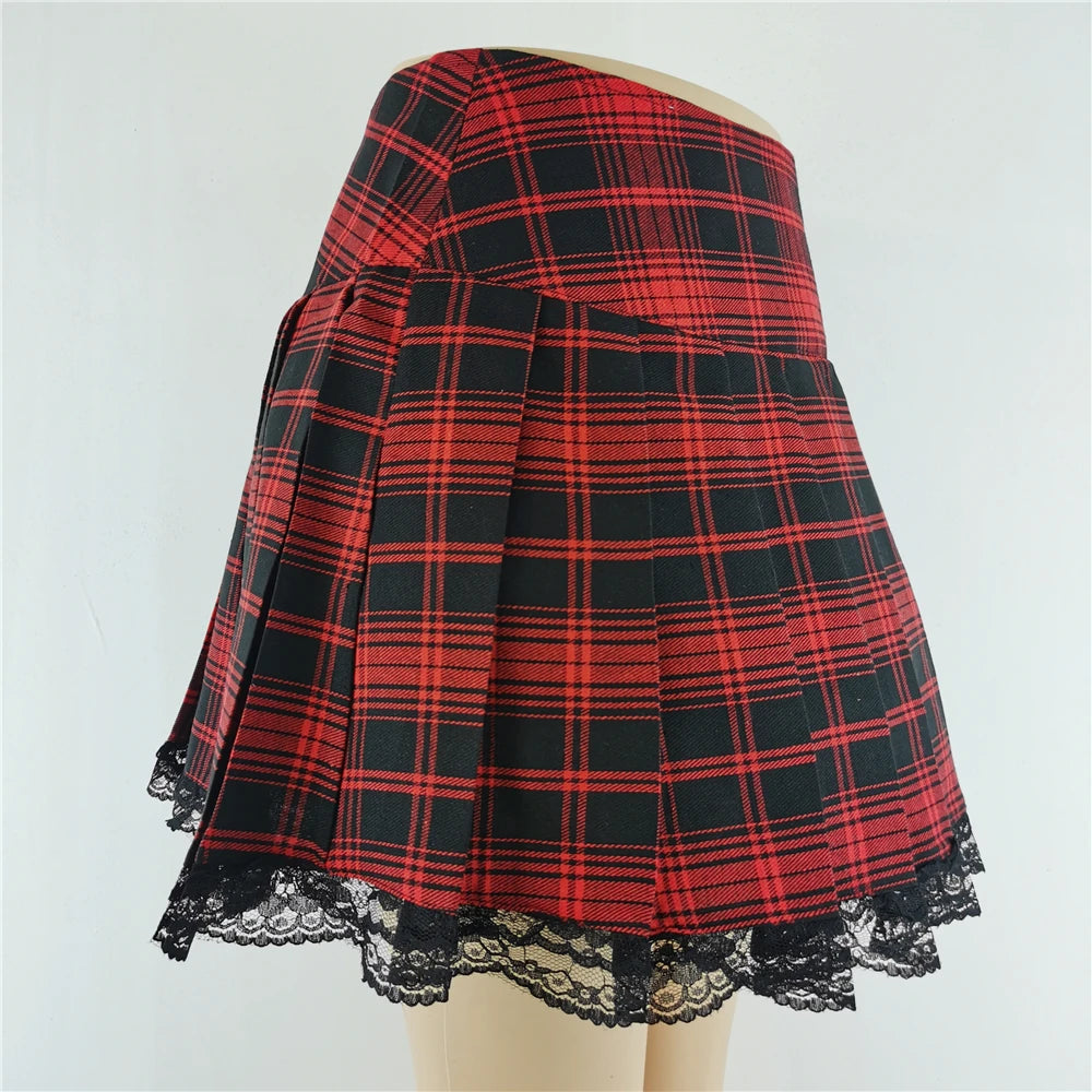 Gothic Plaid Lace Mini Skirt – Y2K Punk Harajuku Skater Style