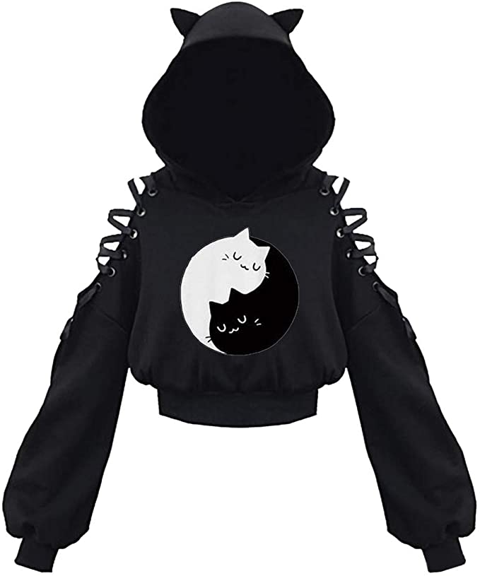 Kawaii Cat Ear Gothic Hoodie – Harajuku Cold Shoulder Bandage Sweatshirt