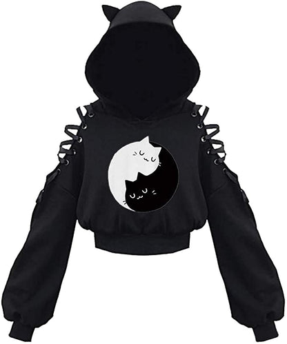 Kawaii Cat Ear Gothic Hoodie – Harajuku Cold Shoulder Bandage Sweatshirt