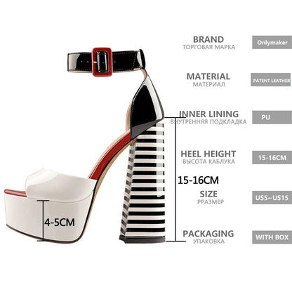 Black & White Stripe Chunky Platform Heels – Peep Toe Ankle Strap Sandals