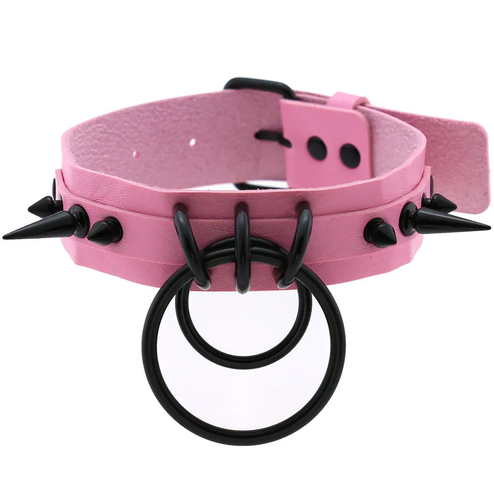 Goth Pink Leather Choker – Punk Spiked Rivet Collar Necklace