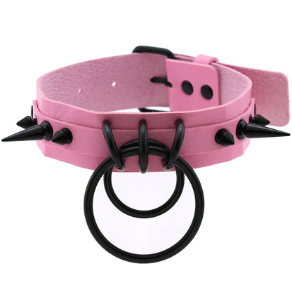 Goth Pink Leather Choker – Punk Spiked Rivet Collar Necklace