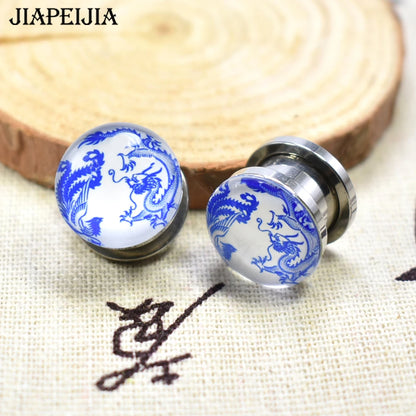 Blue & White Porcelain Ear Tunnels & Plugs – Stainless Steel Expander Jewelry