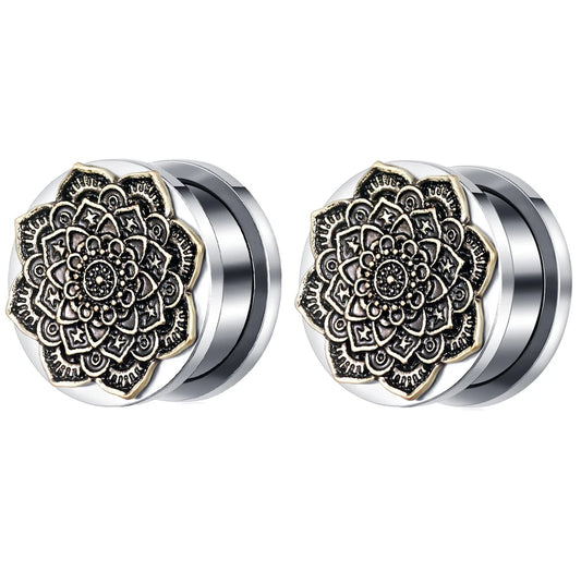 2pcs Stainless Steel Screw Ear Tunnel Plugs – Multi-Style Body Jewelry Flower
