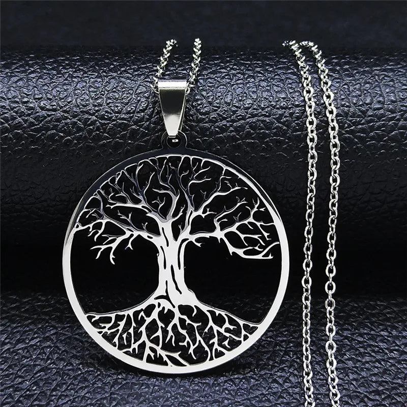Tree of Life Stainless Steel Necklace – Black Long Pendant for Men & Women