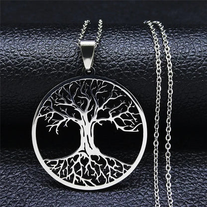 Tree of Life Stainless Steel Necklace – Black Long Pendant for Men & Women