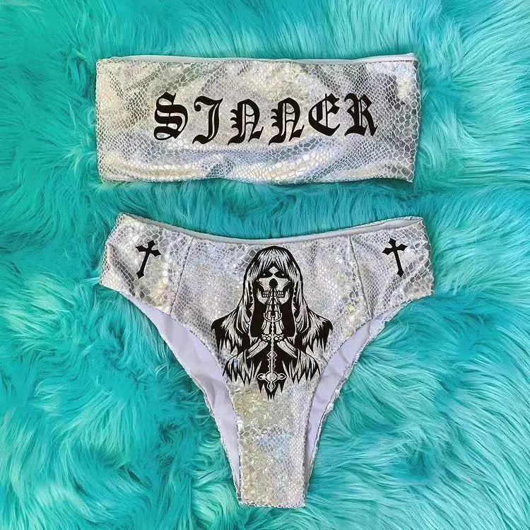 Punk Gothic Skull Print Bikini Set – V-Neck High Waist Swimwear