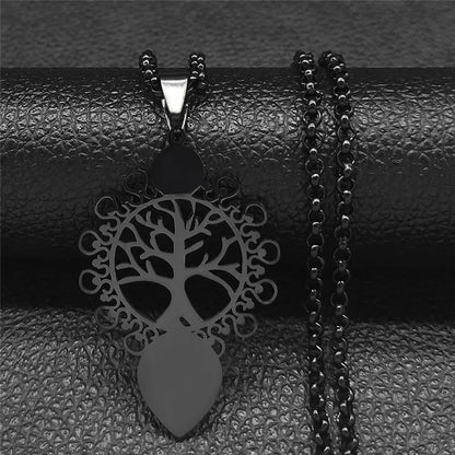Tree of Life Stainless Steel Necklace – Black Long Pendant for Men & Women