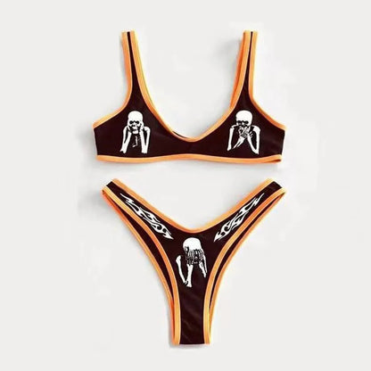 Punk Gothic Skull Print Bikini Set – V-Neck High Waist Swimwear