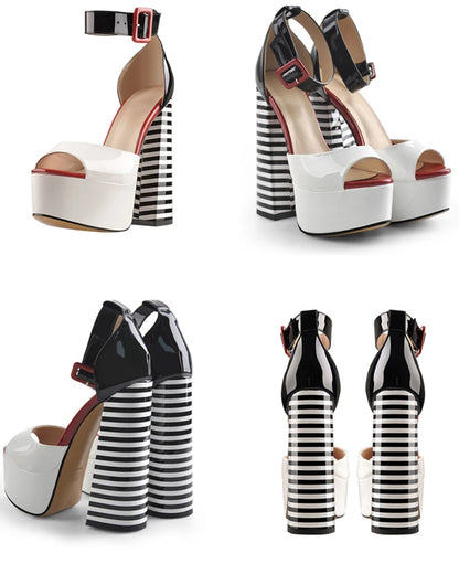 Black & White Stripe Chunky Platform Heels – Peep Toe Ankle Strap Sandals