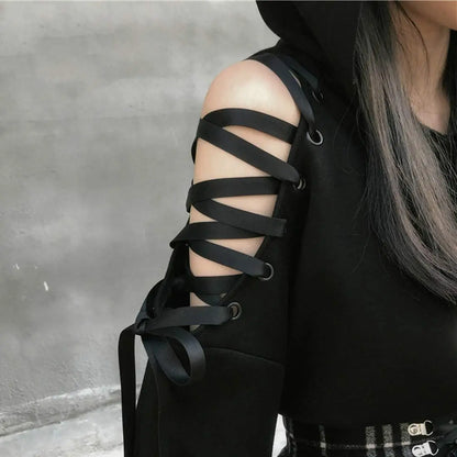 Kawaii Cat Ear Gothic Hoodie – Harajuku Cold Shoulder Bandage Sweatshirt