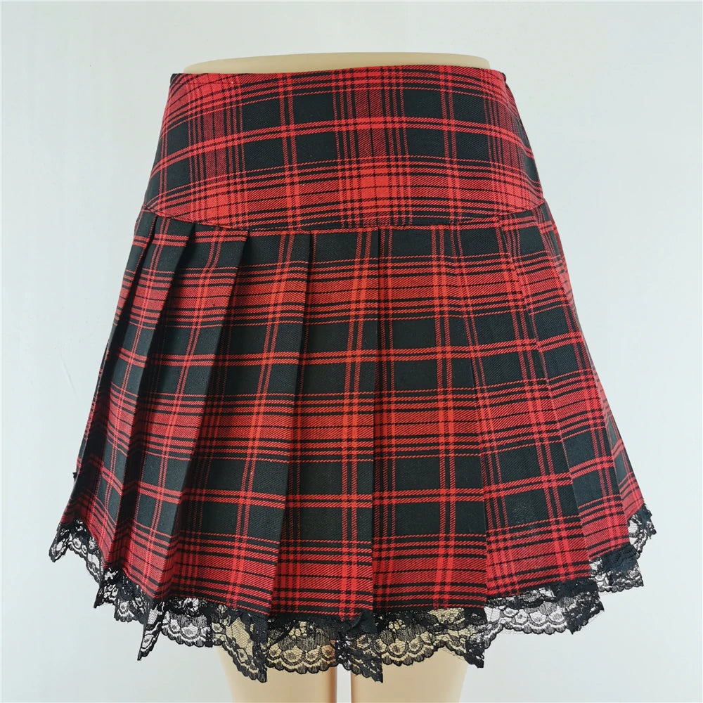 Gothic Plaid Lace Mini Skirt – Y2K Punk Harajuku Skater Style