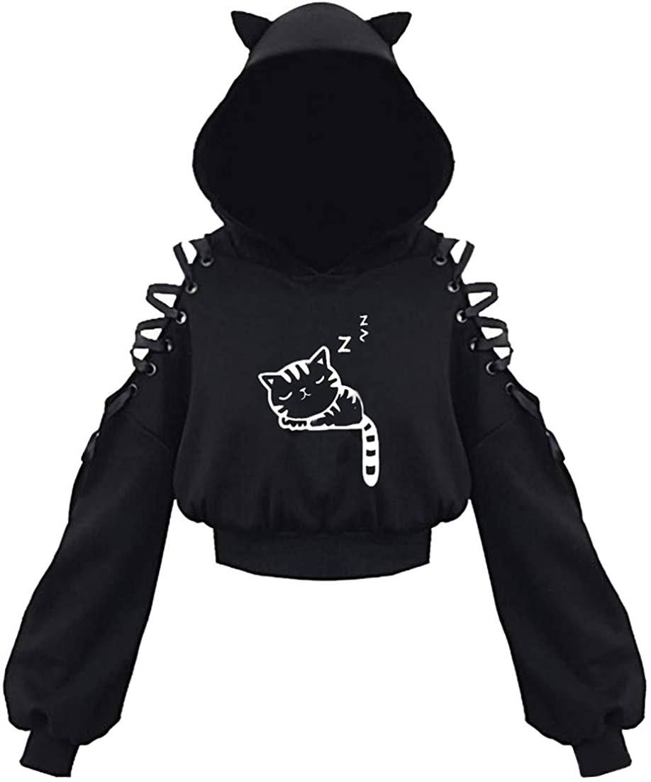 Kawaii Cat Ear Gothic Hoodie – Harajuku Cold Shoulder Bandage Sweatshirt