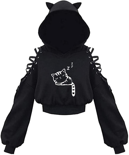 Kawaii Cat Ear Gothic Hoodie – Harajuku Cold Shoulder Bandage Sweatshirt