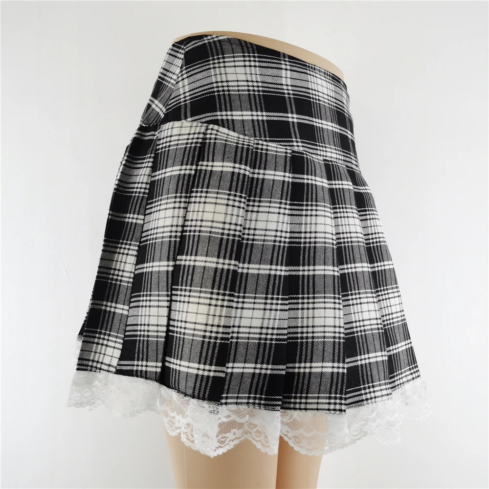 Gothic Plaid Lace Mini Skirt – Y2K Punk Harajuku Skater Style