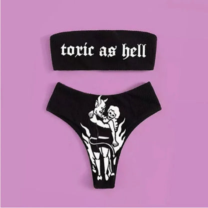 Punk Gothic Skull Print Bikini Set – V-Neck High Waist Swimwear