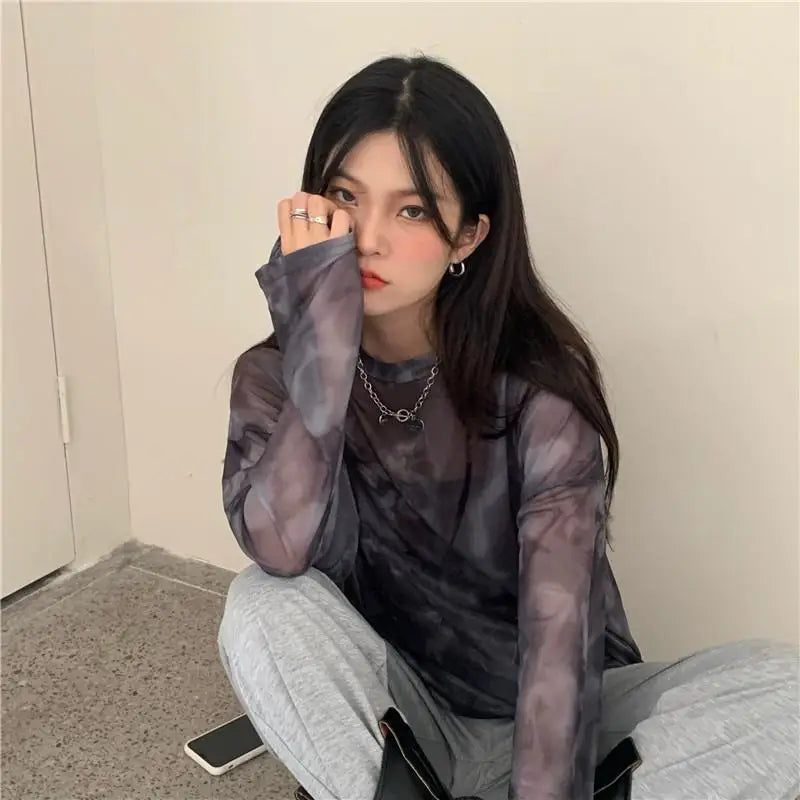 Women’s Tie-Dye Long Sleeve T-Shirt – Loose Minimalist Harajuku Top