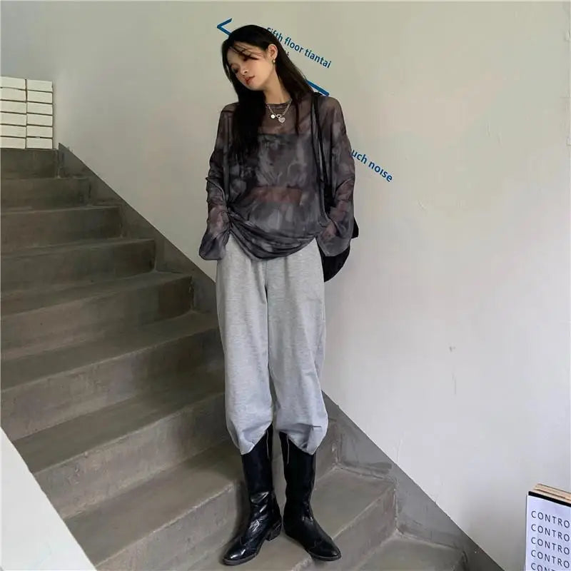 Women’s Tie-Dye Long Sleeve T-Shirt – Loose Minimalist Harajuku Top