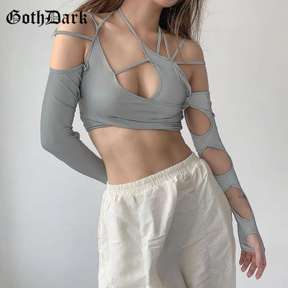Goth Dark Cyber Y2K Halter Crop Top – Patchwork Long Sleeve Cut-Out Tee