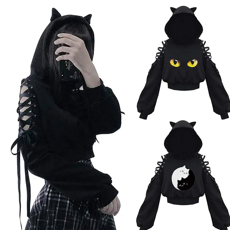 Kawaii Cat Ear Gothic Hoodie – Harajuku Cold Shoulder Bandage Sweatshirt