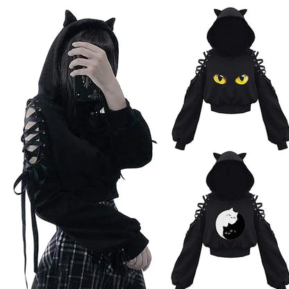 Kawaii Cat Ear Gothic Hoodie – Harajuku Cold Shoulder Bandage Sweatshirt
