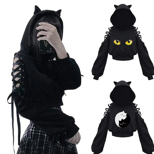 Kawaii Cat Ear Gothic Hoodie – Harajuku Cold Shoulder Bandage Sweatshirt
