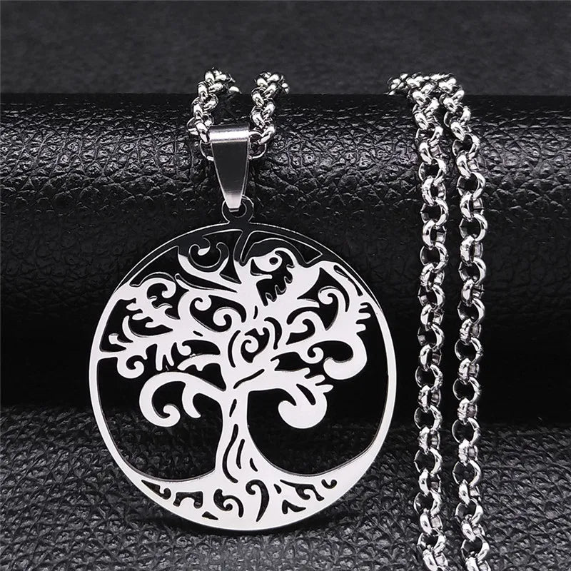 Tree of Life Stainless Steel Necklace – Black Long Pendant for Men & Women