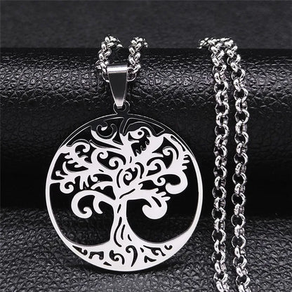Tree of Life Stainless Steel Necklace – Black Long Pendant for Men & Women