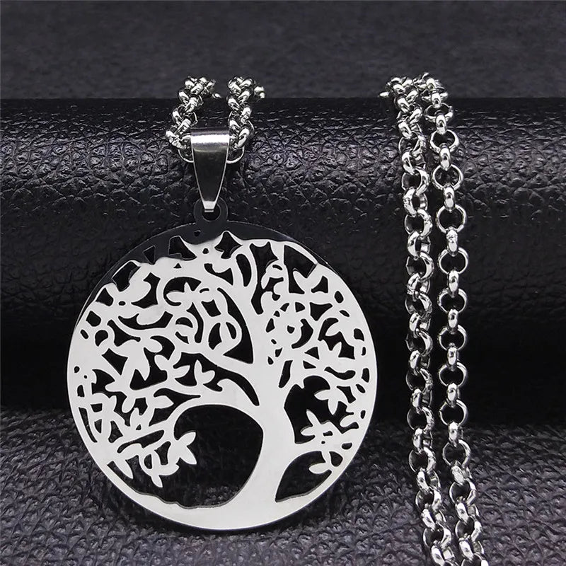Tree of Life Stainless Steel Necklace – Black Long Pendant for Men & Women