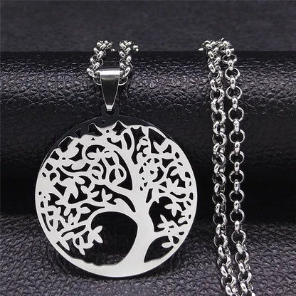 Tree of Life Stainless Steel Necklace – Black Long Pendant for Men & Women