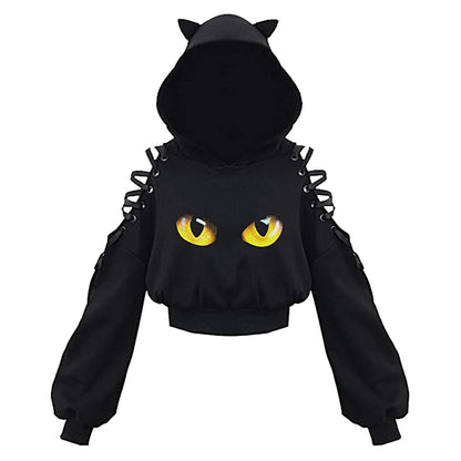 Kawaii Cat Ear Gothic Hoodie – Harajuku Cold Shoulder Bandage Sweatshirt