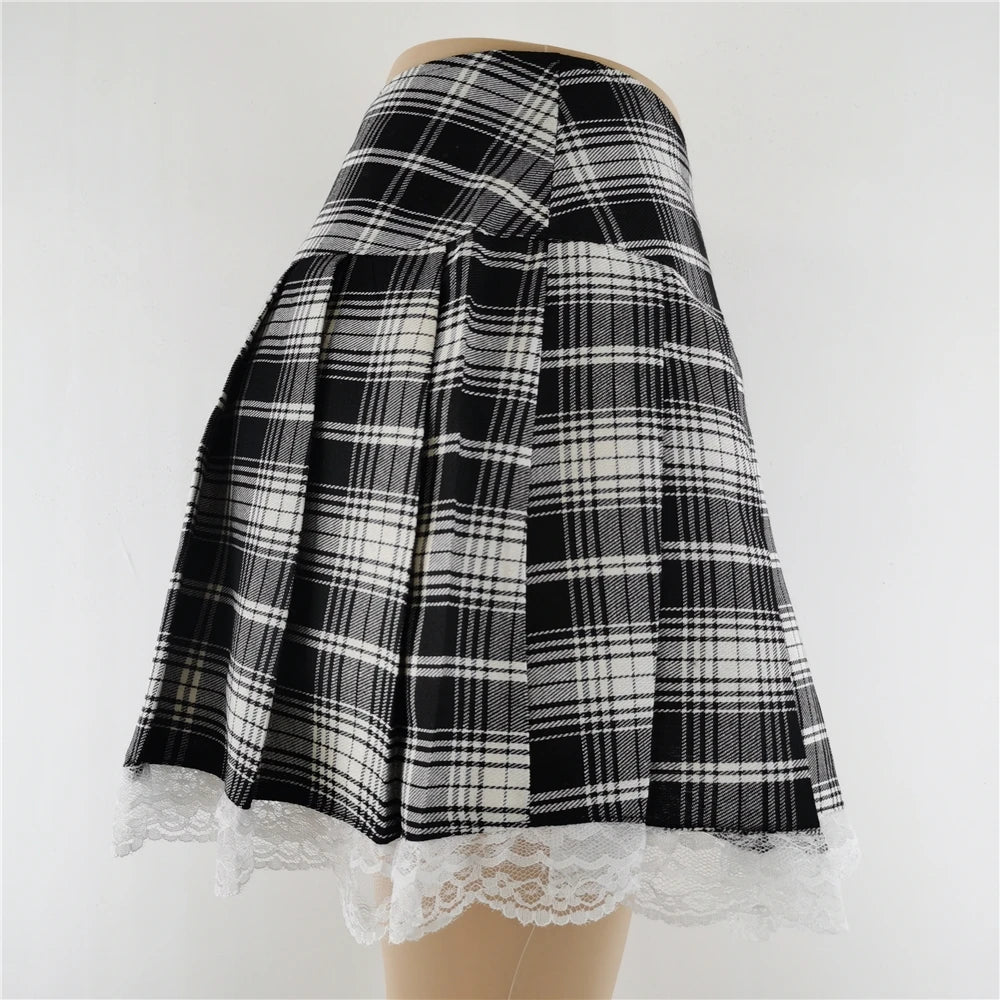 Gothic Plaid Lace Mini Skirt – Y2K Punk Harajuku Skater Style