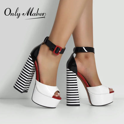 Black & White Stripe Chunky Platform Heels – Peep Toe Ankle Strap Sandals
