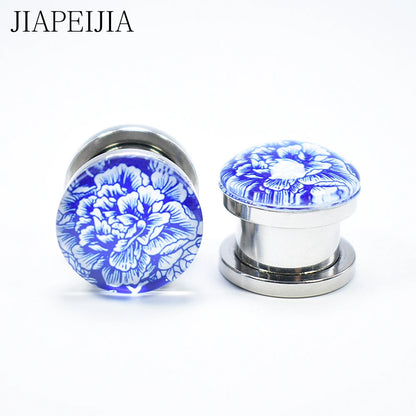 Blue & White Porcelain Ear Tunnels & Plugs – Stainless Steel Expander Jewelry