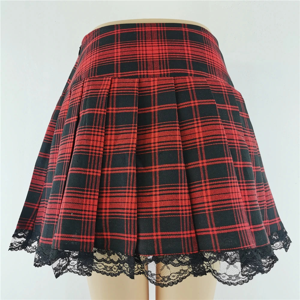 Gothic Plaid Lace Mini Skirt – Y2K Punk Harajuku Skater Style