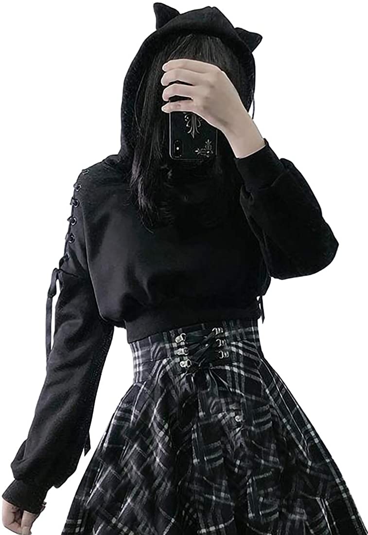 Kawaii Cat Ear Gothic Hoodie – Harajuku Cold Shoulder Bandage Sweatshirt