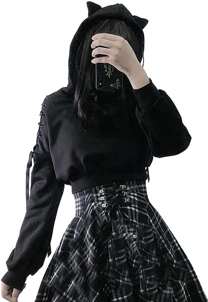 Kawaii Cat Ear Gothic Hoodie – Harajuku Cold Shoulder Bandage Sweatshirt