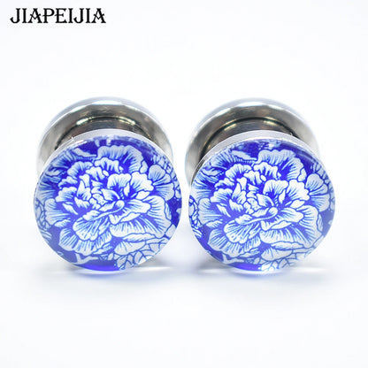 Blue & White Porcelain Ear Tunnels & Plugs – Stainless Steel Expander Jewelry