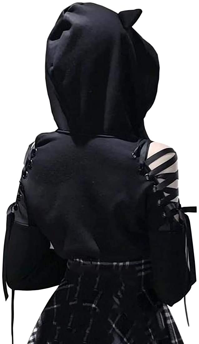 Kawaii Cat Ear Gothic Hoodie – Harajuku Cold Shoulder Bandage Sweatshirt