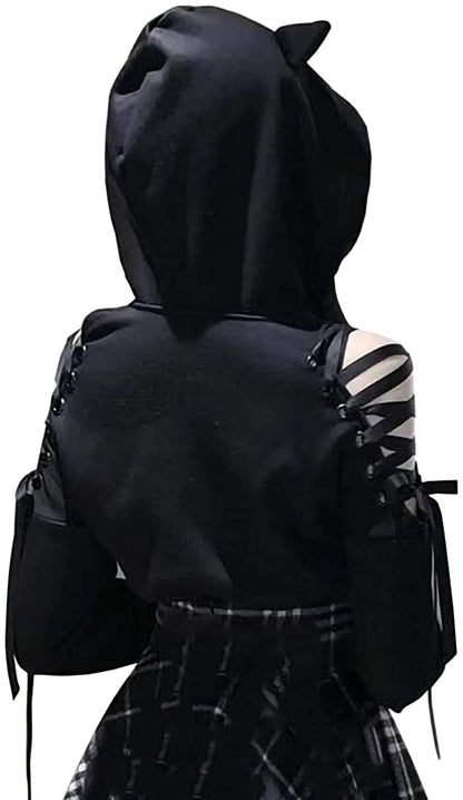 Kawaii Cat Ear Gothic Hoodie – Harajuku Cold Shoulder Bandage Sweatshirt