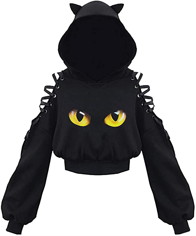 Kawaii Cat Ear Gothic Hoodie – Harajuku Cold Shoulder Bandage Sweatshirt