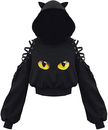 Kawaii Cat Ear Gothic Hoodie – Harajuku Cold Shoulder Bandage Sweatshirt