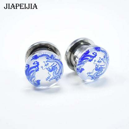Blue & White Porcelain Ear Tunnels & Plugs – Stainless Steel Expander Jewelry