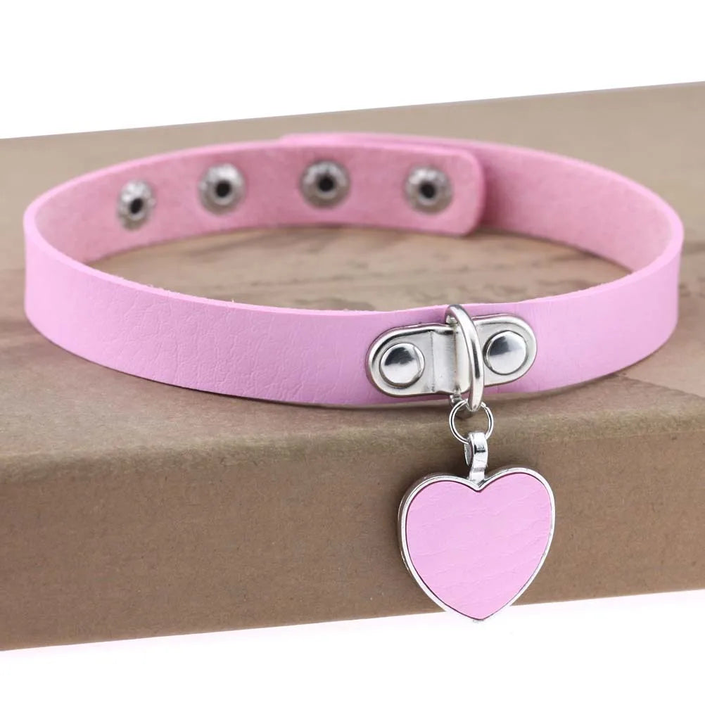 Goth Pink Leather Choker – Punk Spiked Rivet Collar Necklace