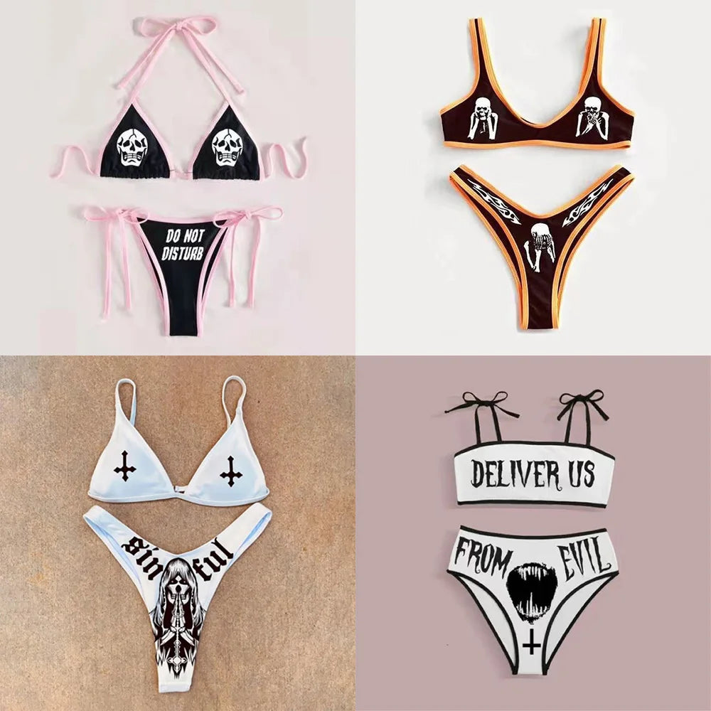 Punk Gothic Skull Print Bikini Set – V-Neck High Waist Swimwear