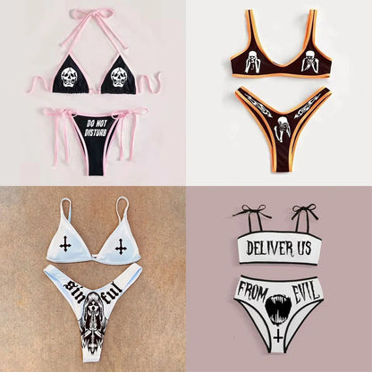 Punk Gothic Skull Print Bikini Set – V-Neck High Waist Swimwear