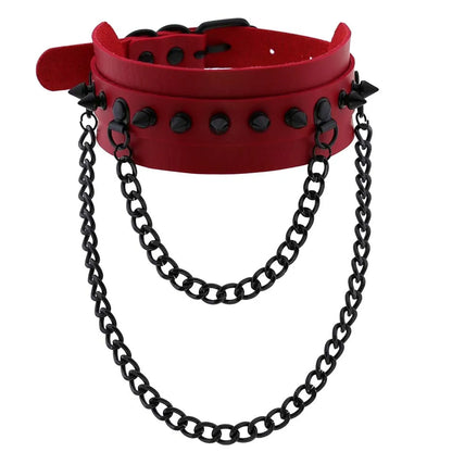 Punk Black Metal Tassel Choker – Red Spiked Gothic Necklace for Men & Women