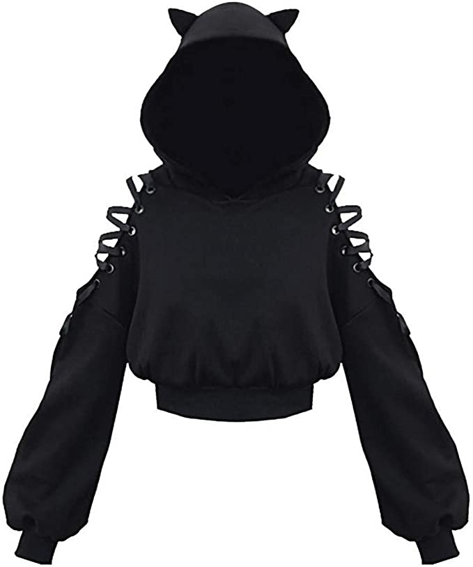 Kawaii Cat Ear Gothic Hoodie – Harajuku Cold Shoulder Bandage Sweatshirt