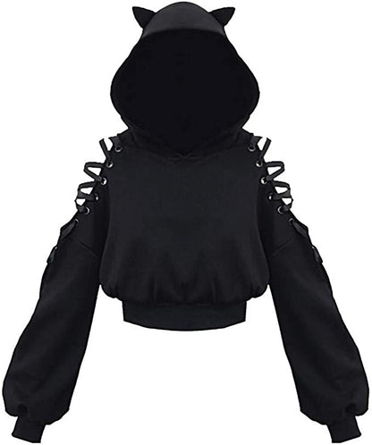 Kawaii Cat Ear Gothic Hoodie – Harajuku Cold Shoulder Bandage Sweatshirt