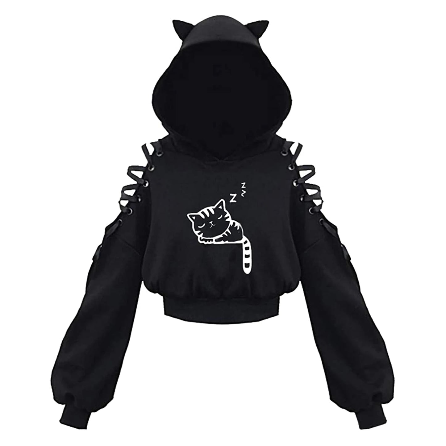 Kawaii Cat Ear Gothic Hoodie – Harajuku Cold Shoulder Bandage Sweatshirt